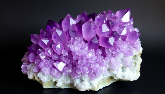 Close-up of vibrant purple Uruguay amethyst origin crystal cluster on a white rock base