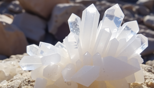 Close-up of a clear cluster of Himalayan clear quartz healing benefits with natural sunlight highlighting the crystals