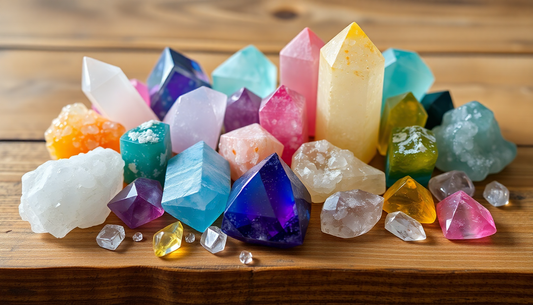 Collection of colorful polished and raw stones representing the best crystals for manifestation on a wooden surface