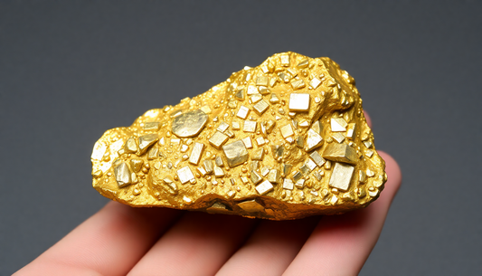 Close-up of golden pyrite crystal held in hand showcasing the benefits of golden pyrite crystal