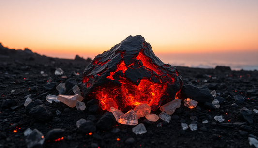 Lava rock surrounded by calming crystals on volcanic ground