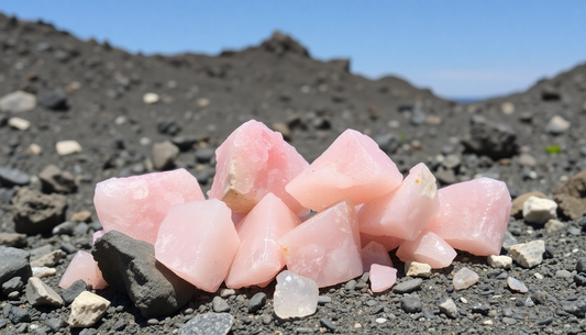 Raw pink crystals showcasing Madagascar rose quartz origins on rocky terrain under clear sky