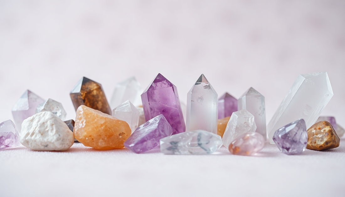 A collection of crystals on a calming background
