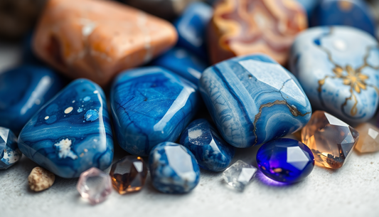 Close-up of polished blue stones and crystals illustrating differences between sodalite and lapis lazuli gemstones