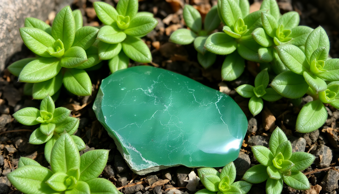 A opaque green aventurine stone surrounded by plants