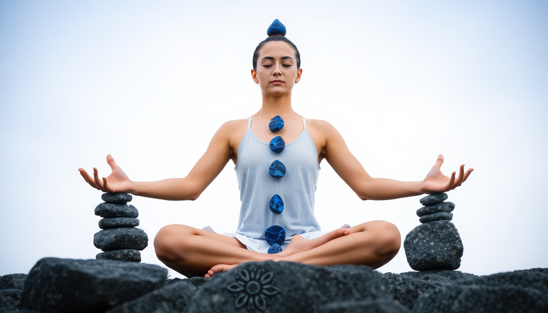Woman meditating with lapis lazuli stones aligned on her body showcasing lapis lazuli healing properties