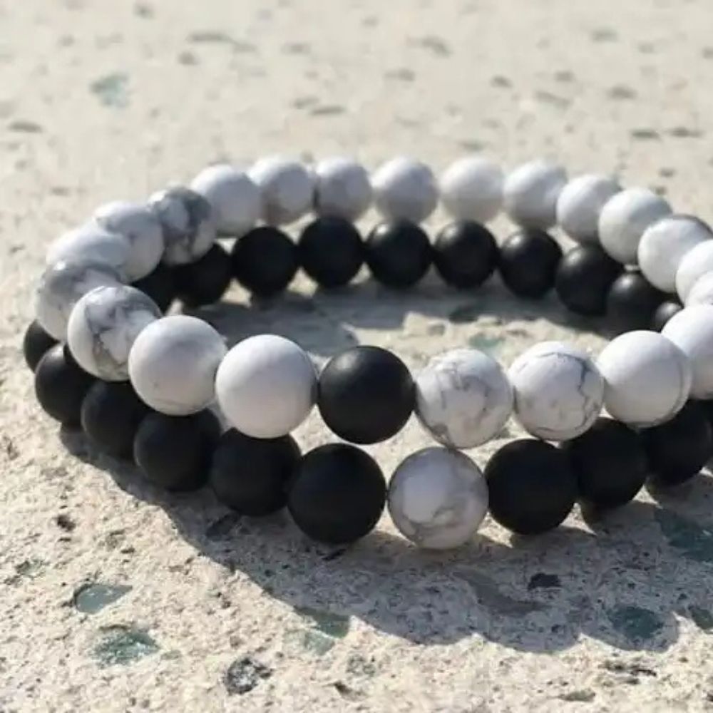 CRYSTCOP couple bracelets set featuring black and white stone beads for stylish matching accessories