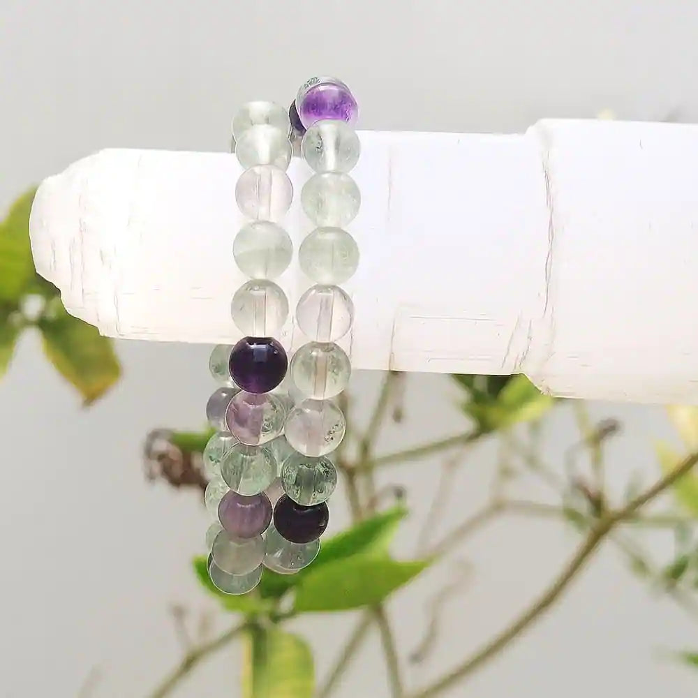 CRYSTCOP multi fluorite bracelet 8mm with round translucent green and purple beads