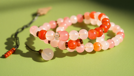 Close-up of rose quartz bracelet vs carnelian bracelet featuring pink and red beads on a green background