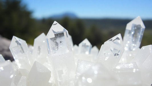 Close-up of clear quartz crystals demonstrating the healing properties of clear quartz in natural light