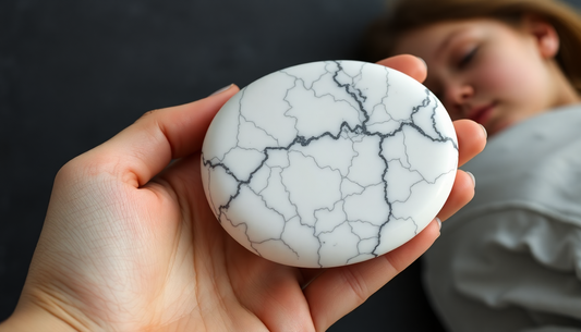 Hand holding a smooth white howlite stone with gray veins demonstrating howlite healing properties near a resting person