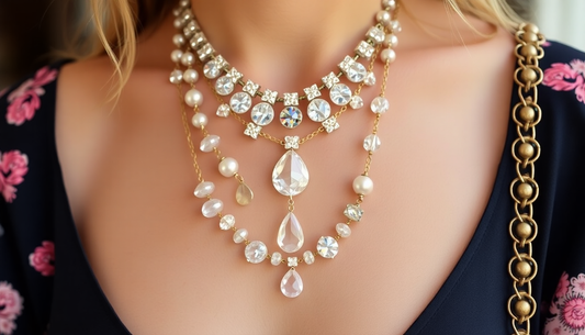 Close-up of layered crystal and pearl necklaces worn as the best crystal necklaces for summer outfits