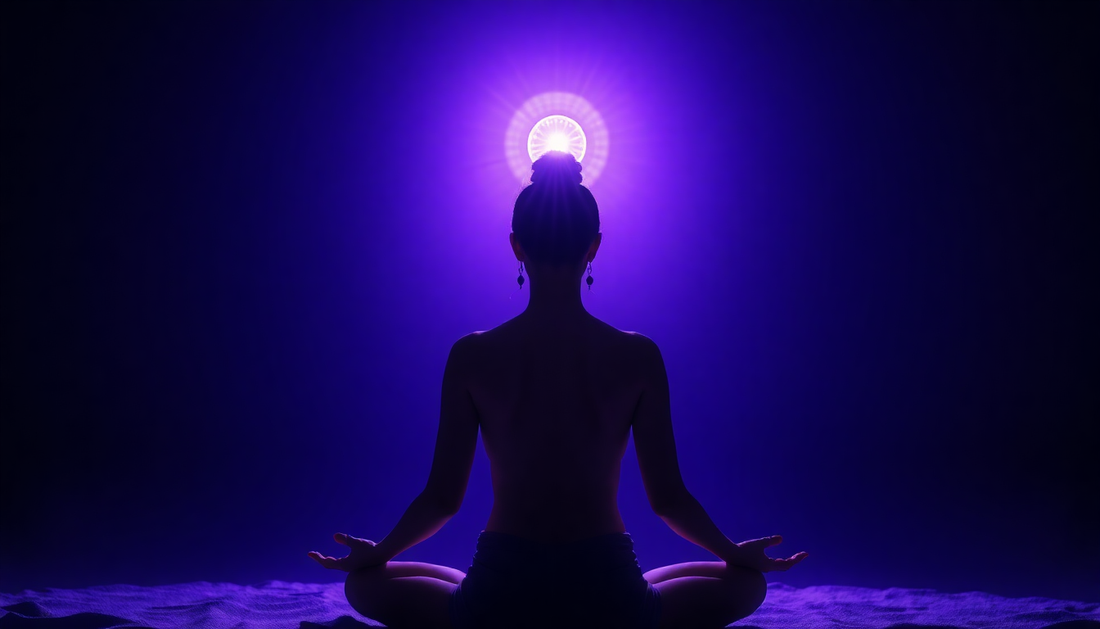 real women  meditating glowing violet and showing crown chakra with symbol 