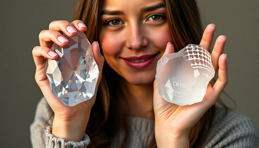 Smiling woman holding two large clear crystals showing how to identify fake healing crystals