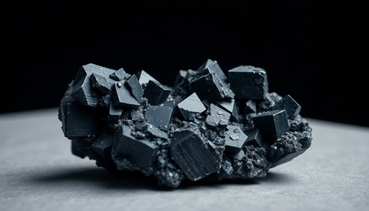 Close-up of black tourmaline crystal cluster on gray surface for black tourmaline for anxiety relief