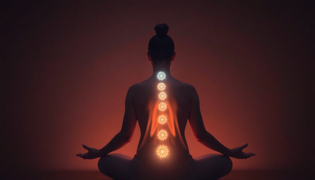 Person meditating with glowing chakras along spine