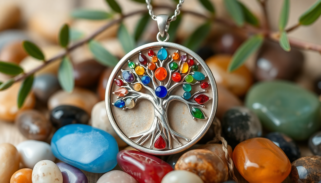 Close-up of a chakra tree of life pendant with colorful stones on a silver chain surrounded by smooth polished stones