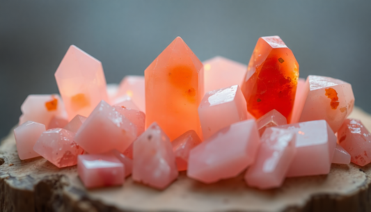 Close-up of rose quartz and carnelian crystals displayed on a wooden surface showing rose quartz vs carnelian contrast