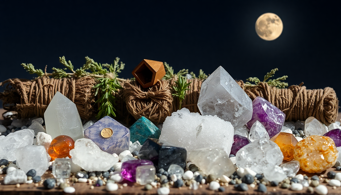 Various crystals and stones arranged outdoors under a full moon illustrating how to cleanse crystals at home