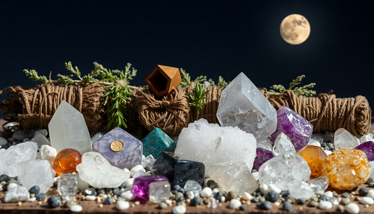 Various crystals and stones arranged outdoors under a full moon illustrating how to cleanse crystals at home