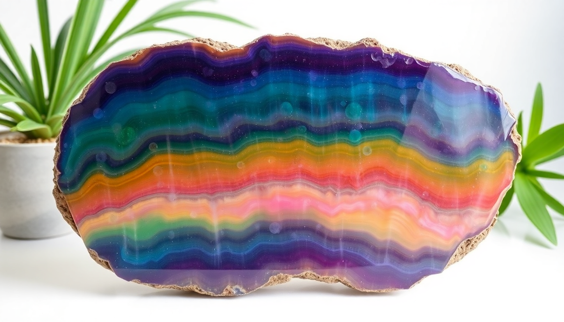 Colorful polished fluorite stone displaying vibrant rainbow bands illustrating benefits of wearing fluorite for stress relief