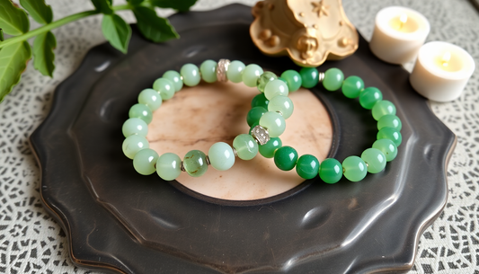 Aventurine vs jade bracelet differences shown by two green beaded bracelets on a decorative tray with candles