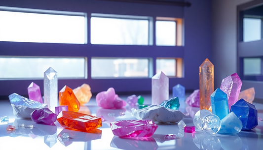Collection of colorful crystals displayed on a table showcasing the best crystals for meditation