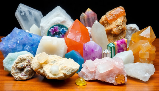 Collection of colorful crystals and stones showcasing the best quartz for healing on a wooden surface