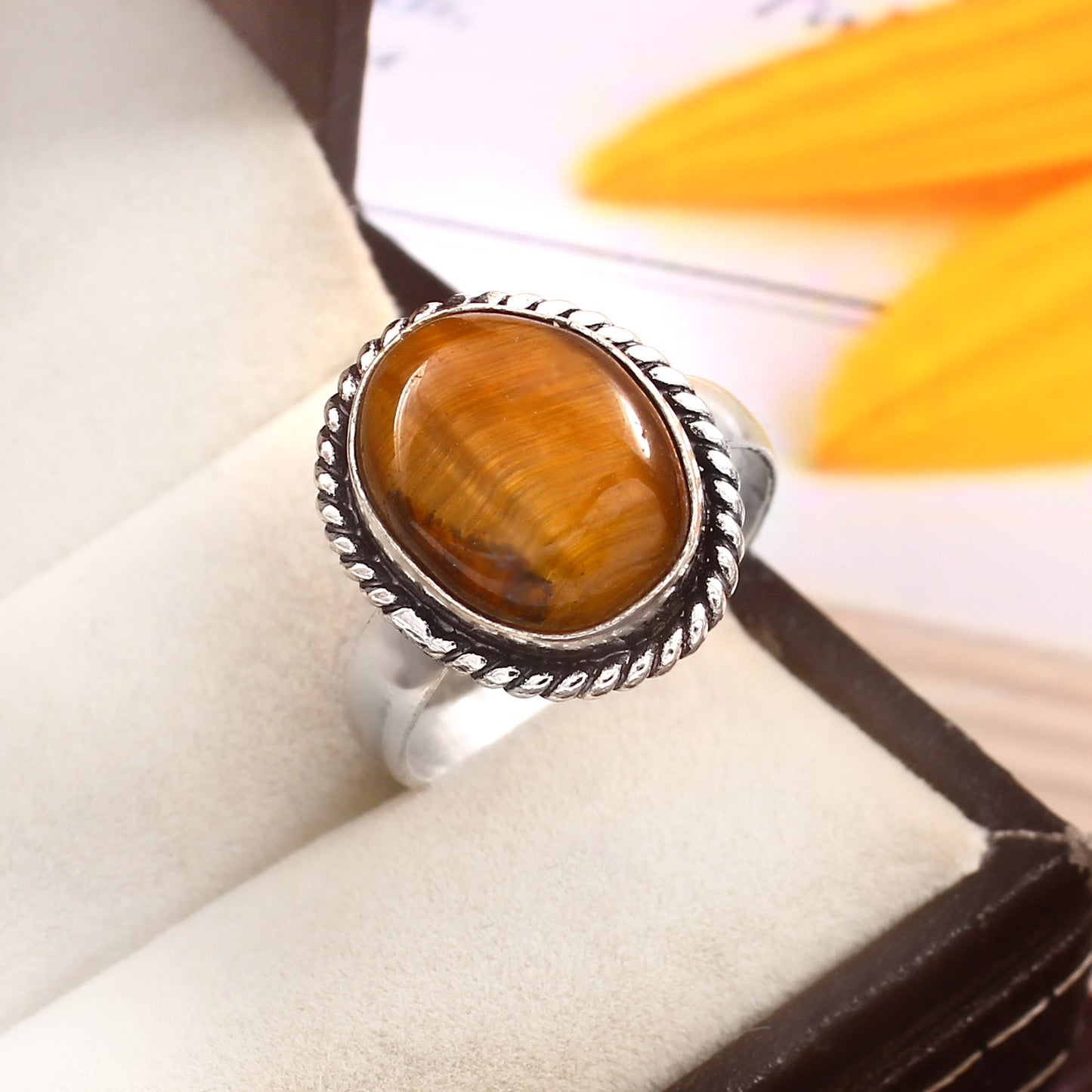 CRYSTCOP German Silver Tiger's Eye Ring for Elegance
