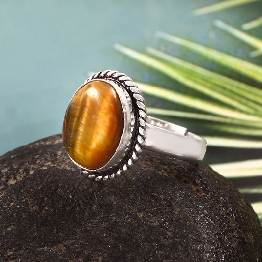 CRYSTCOP German Silver Tiger's Eye Ring for Elegance