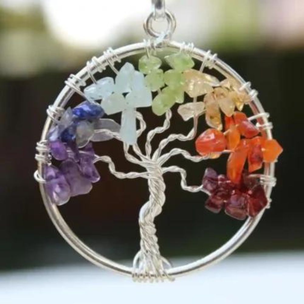 CRYSTCOP chakra tree of life pendant featuring colorful crystal stones arranged in a beautiful tree design