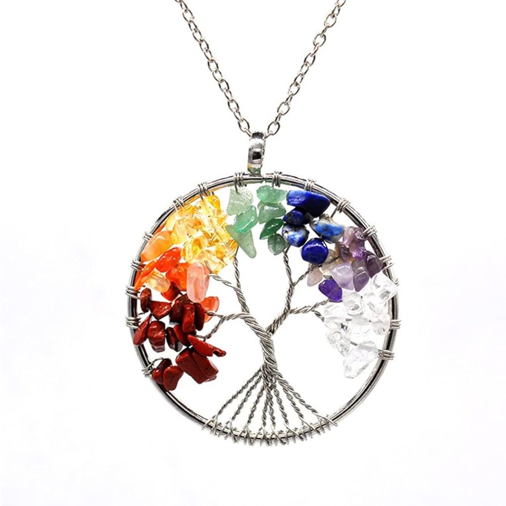 Chakra tree of life pendant crafted with colorful gemstones on a silver necklace chain