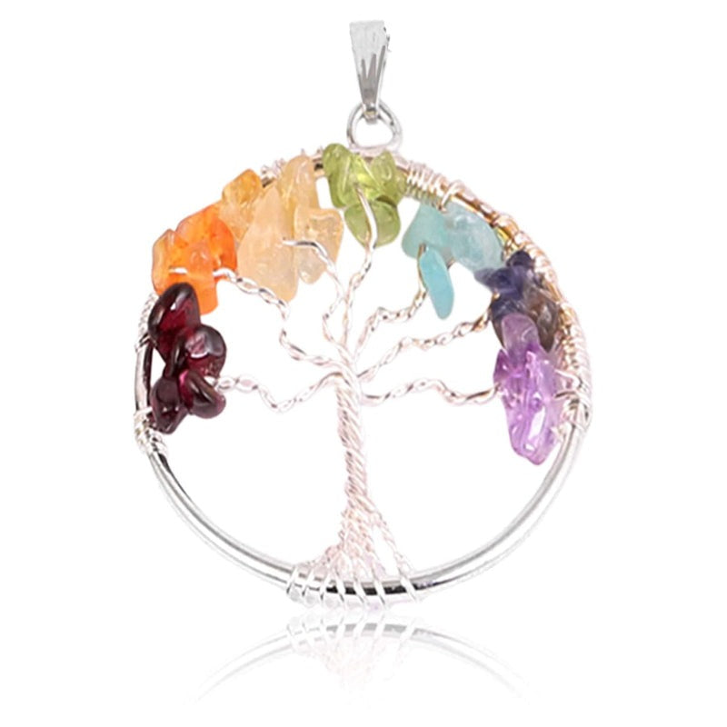 Chakra tree of life pendant in silver with colorful gemstone leaves symbolizing balance and harmony