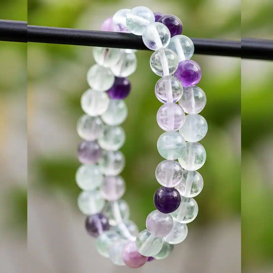 CRYSTCOP multi fluorite bracelet 8mm with polished translucent purple and clear round beads