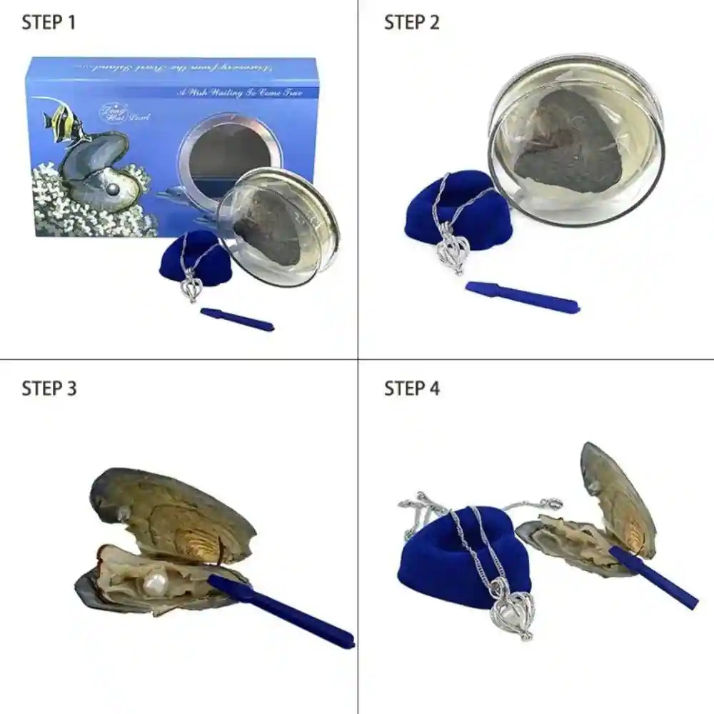 CRYSTCOP pearl pendant necklace gift set with oyster shell, silver chain, and blue velvet pouch in step by step unboxing
