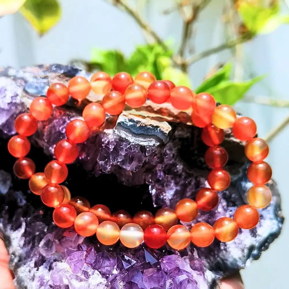 CRYSTCOP carnelian bracelet 8mm with polished orange-red beads displayed on a purple crystal cluster