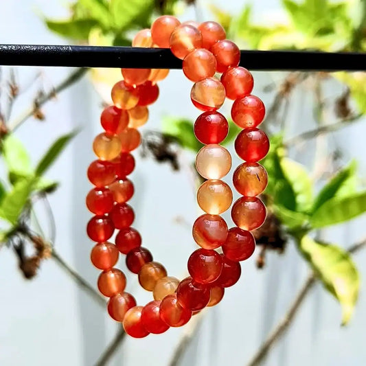 CRYSTCOP carnelian bracelet 8mm beads with polished round stones hanging outdoors on a branch